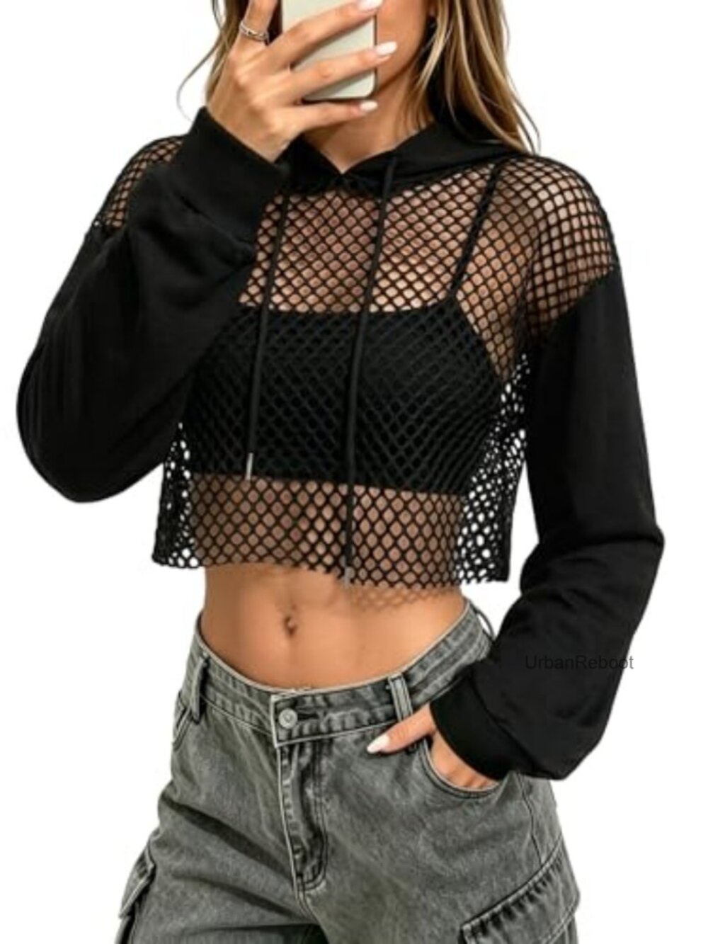 Womens Cropped Fishnet Mesh Hoodie Long Sleeve Crop Top